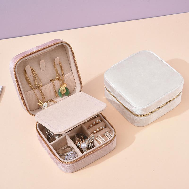 Velvet Jewelry Box Travel Portable Sqaure Zipper Boxes Necklace Bracelet Ring Earrings Jewelry Storage Case Organizers For Women