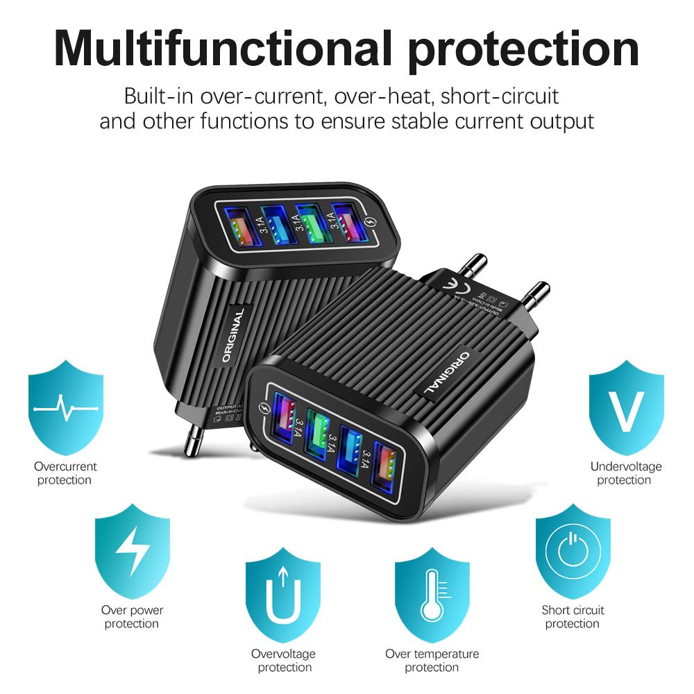 Phone Charger 4 Port USB Fast Mobile Phone Charger Adapter 5V 3A for iPhone Samsung Huawei Xiaomi Quick Charging Power Source