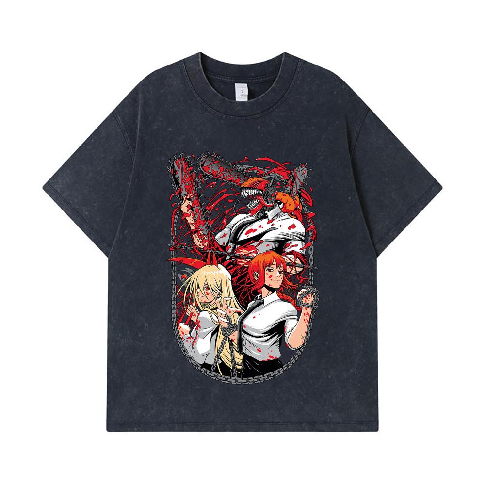 275 GSM Washed T-shirts 100% Cotton Chainsaw Man V20 Print Unisex Heavy Cotton T Shirt