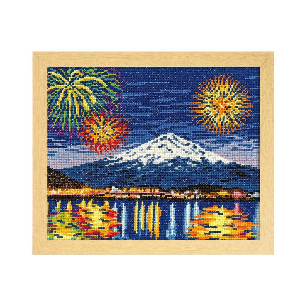 Набор для вышивания крестиком Olympus Famous Landmarks Lake Kawaguchi Winter Fireworks and Mount 7462, Серия Fuji, Бежевый, бежевый