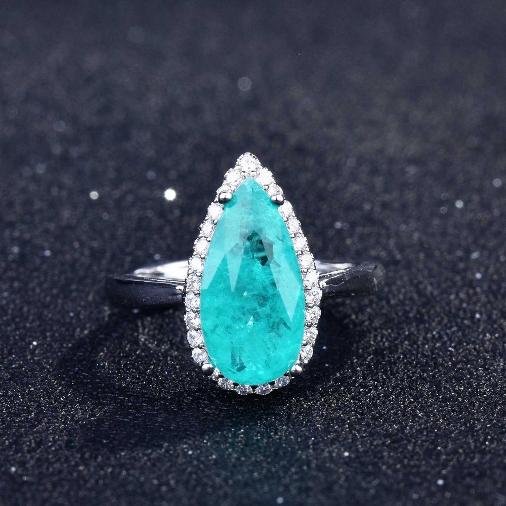 Open Ring Women Micro Paved Full Diamond High Carbon Pear Shaped Imitation Paraiba Ring