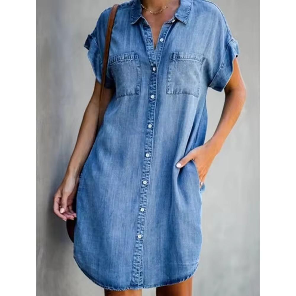 Women's Summer Denim Shirt Dress Stand Collar Short Sleeve Single Breasted Dress Loose Pocket Simple Retro Office Short Skirt