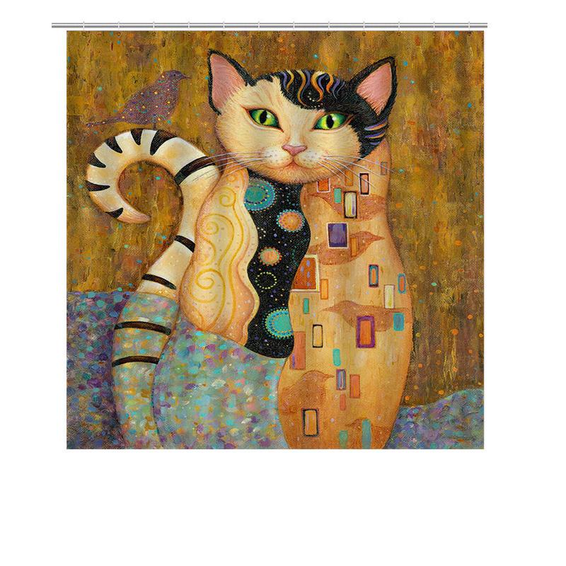 Stylish Cat Print Shower Curtain For Bathroom Decor Modern Artistic Design With Bird Motif 180X180Cm Size Available In Multiple