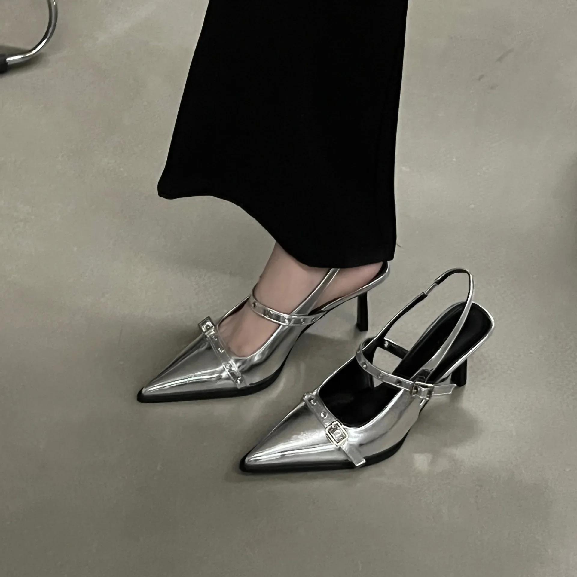 

модные летние женские сандалии с заклепками и острым носком, модные туфли Singbacks, элегантные женские босоножки на высоком каблуке для отдыха на открытом воздухе, туфли-лодочки 39 серебряный