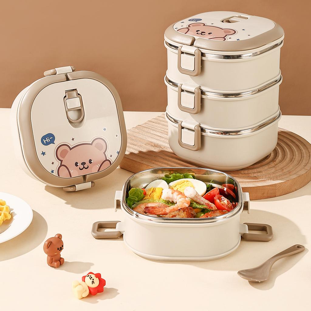 WORTHBUY Multi-Layer 304 Stainless Steel Bento Lunch Box For Kids Student School Portable Leak-proof Food Contianer With Spoon