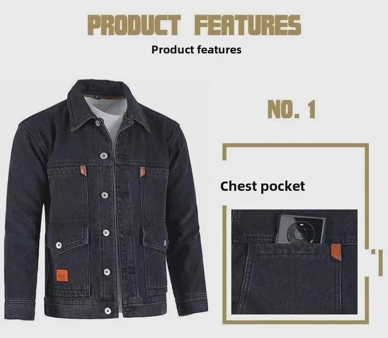 Men's Denim and Velvet Thickened Windproof Winter Coat, Warm and Wear-Resistant, Large Sizes Available