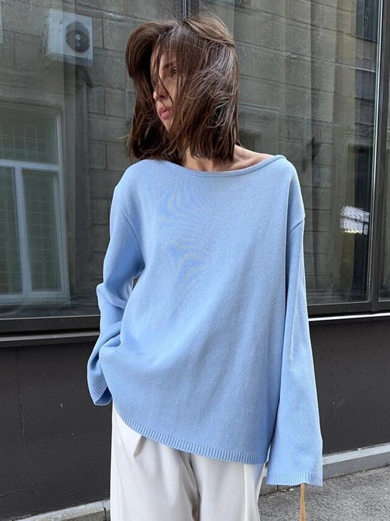Women Backless Loose Knit Sweater Solid Color Oversized Pullover