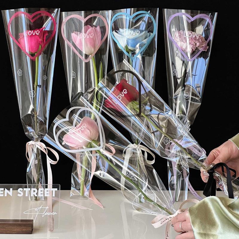 50Pcs Love Transparent Rose Packaging Bags Flower Bouquet Plastic Bag Bouquet Wrapping Paper One Straight Bag Flower Packaging