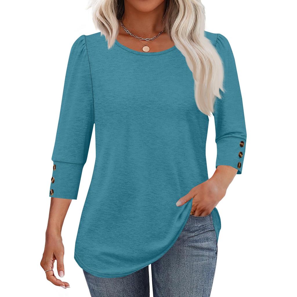 Women's Fashion Casual Solid Color Round Neck Seven-quarter Sleeve T-shirt Top