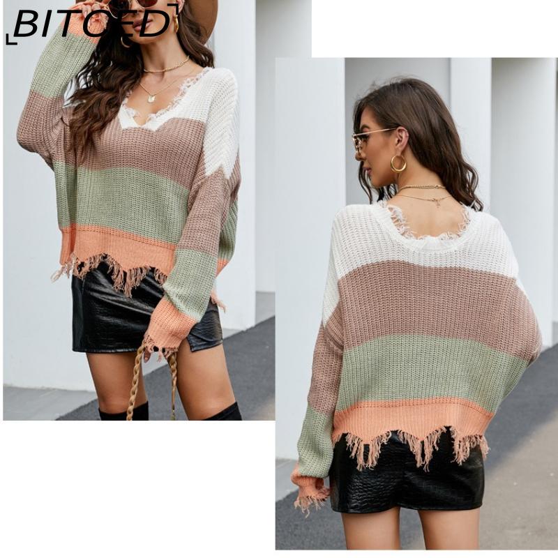 BITCED Women's Oversized Cropped V-Neck Sweater Women's Knit Sweater with Fringe for Fall/Winter