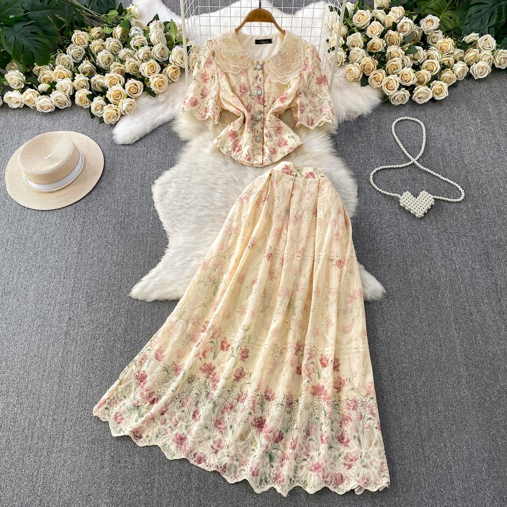 Elegant 2 Piece Set Women Summer Spring Floral Print Embroidery Prom Evening Party Long Dress Suits Crop Top Skirts Suits