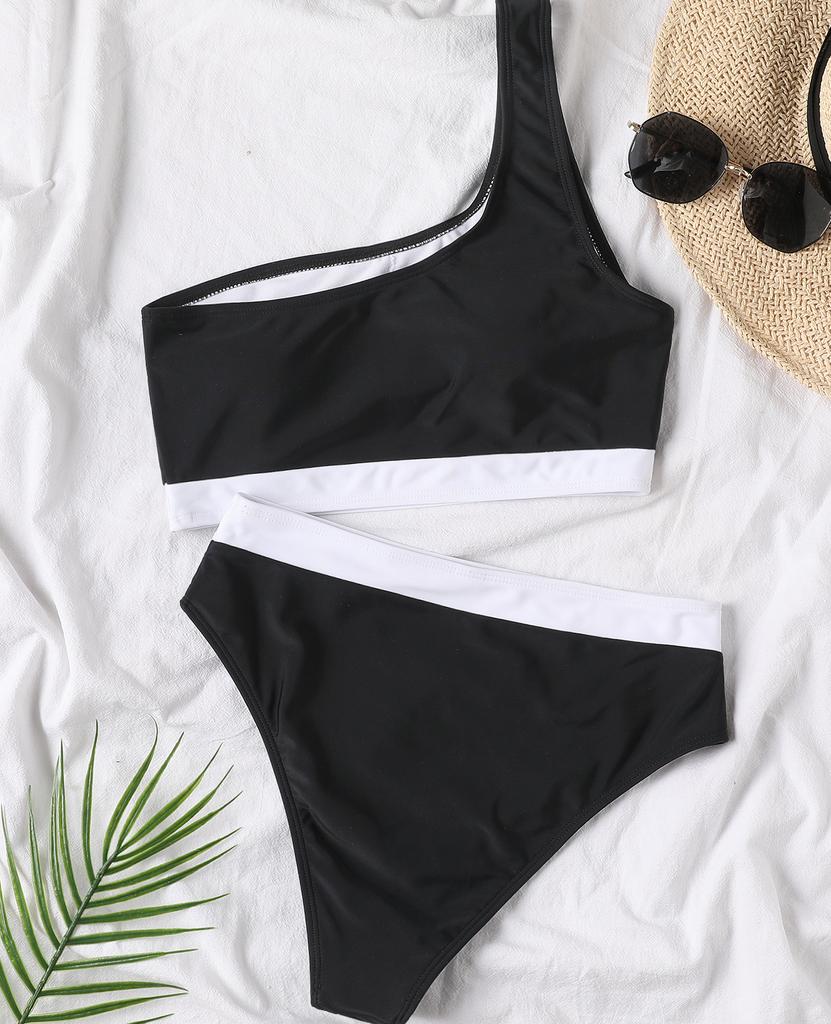 Women's Swimsuit Colorblock One Shoulder High Waist Sexy Bikini Set Brazilian Beachwear Bathing Suits