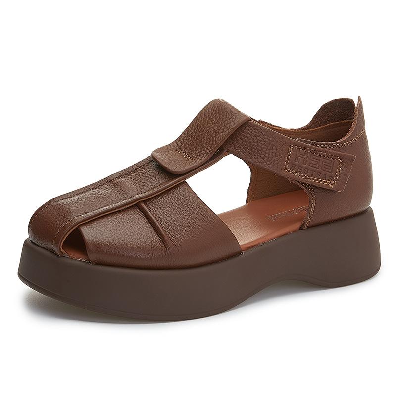2025 summer new wear-resistant first-layer leather casual sandals women's tide European station platform sports Roman sandals women