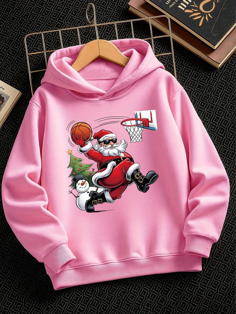 Kerstman Speelt Basketbal – Trendy Casual Hoodies voor Jongens en Meisjes (Herfst/Winter), Geschikt voor buitenactiviteiten