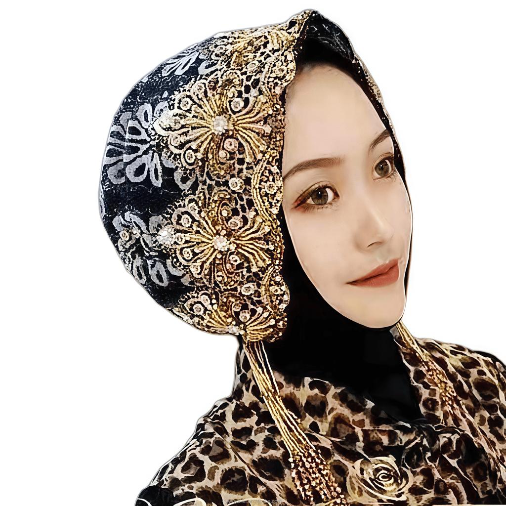 YASEEN New Beaded Rhinestone Lace Headwrap Hat Fashionable Comfortable Stretchable Easy Wear Ethnic Style Flower Turban Women