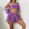 Set Bikini Sexy Trendy a 4 Pezzi con Laccetto da Collo Stampato e Spacco
