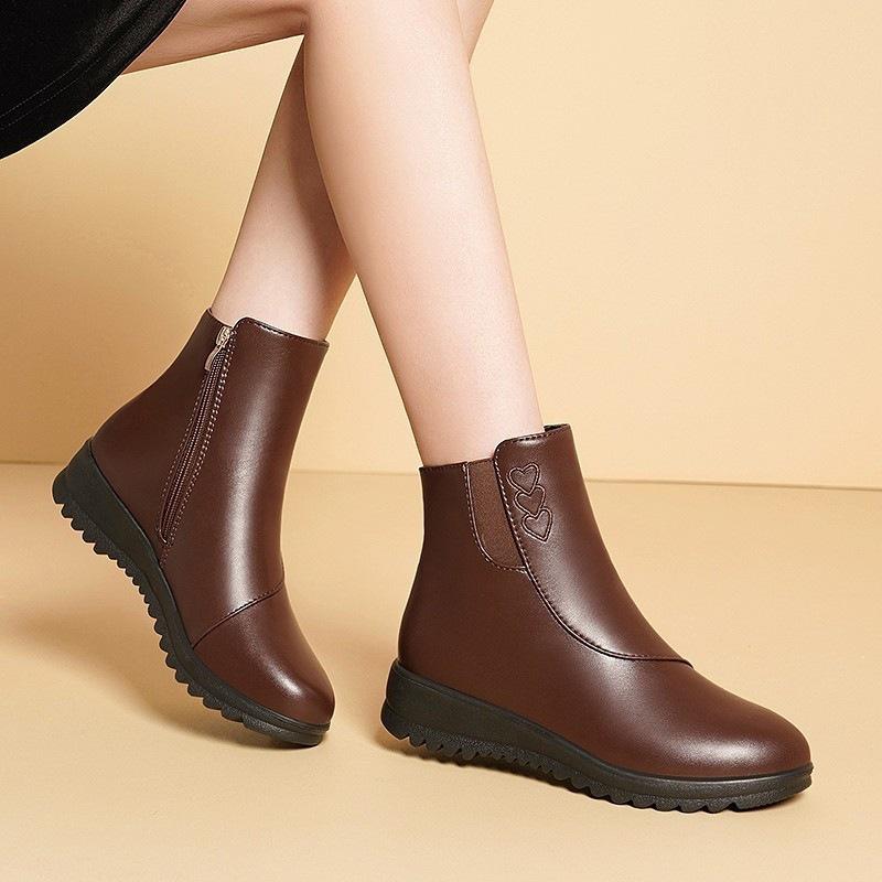 Winter Soft Leather Cotton Shoes Non-slip Soft Sole Medium Flat Bottom Short Boots Cotton Boots Velvet Warm Leather Boots