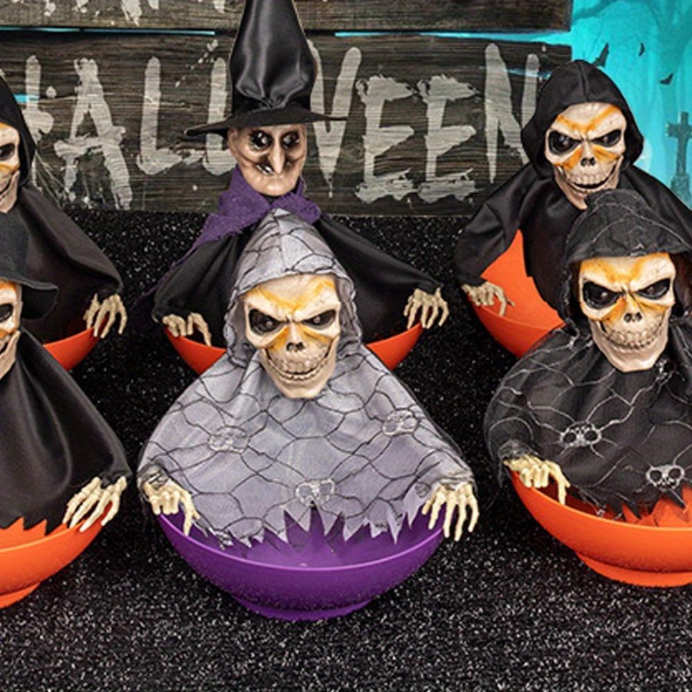 Scary Skeleton Candy Holder with Screaming Skull and Light Up Red Eyes Creepy Motion for Halloween Decoration Moving Skeleton