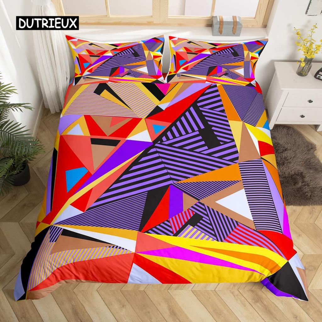 Set Husă Plapumă Geometrie King Albastru Alb Negru Triunghiuri Dungat Set Lenjerie de Pat Poliester Vintage Desenat Manual Dungă Groasă Husă Plapumă