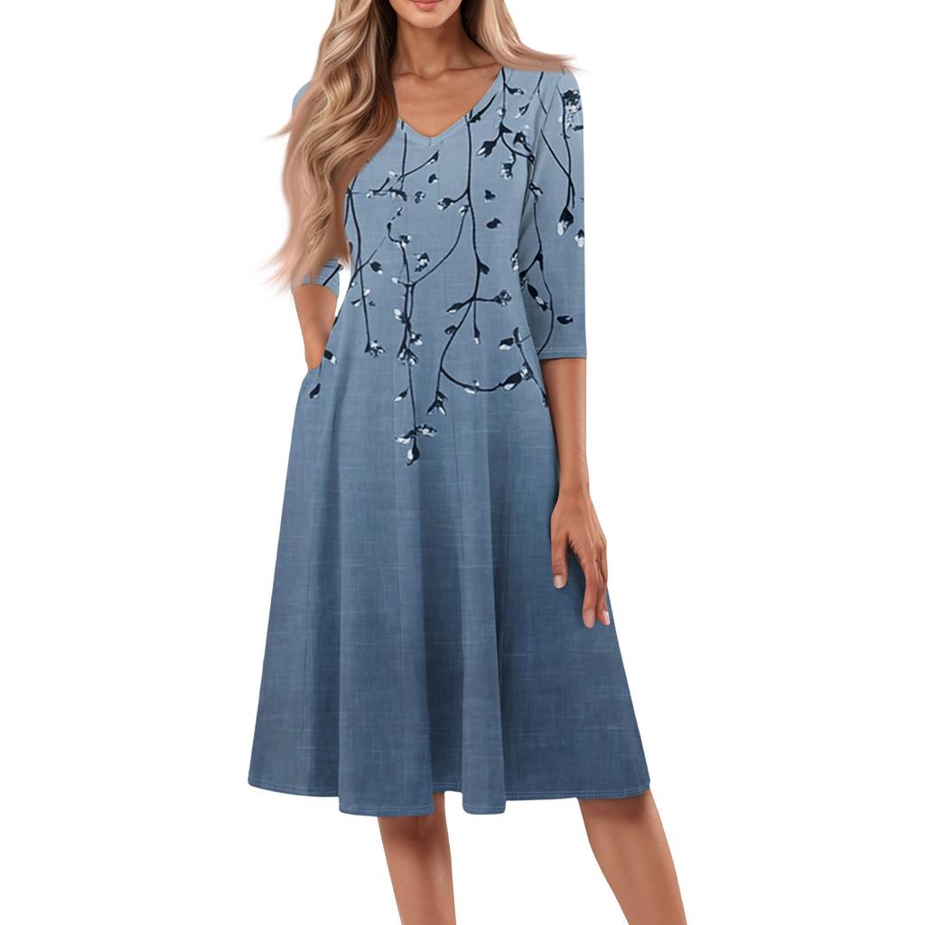 Abito midi stampato con scollo a V e maniche a tre quarti, stile casual da donna