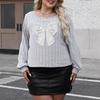 Three-dimensional Embroidery Bow Tie Patchwork Large-sized Women's Round-neck Pullover Top, Casual T-shirt Base Layer