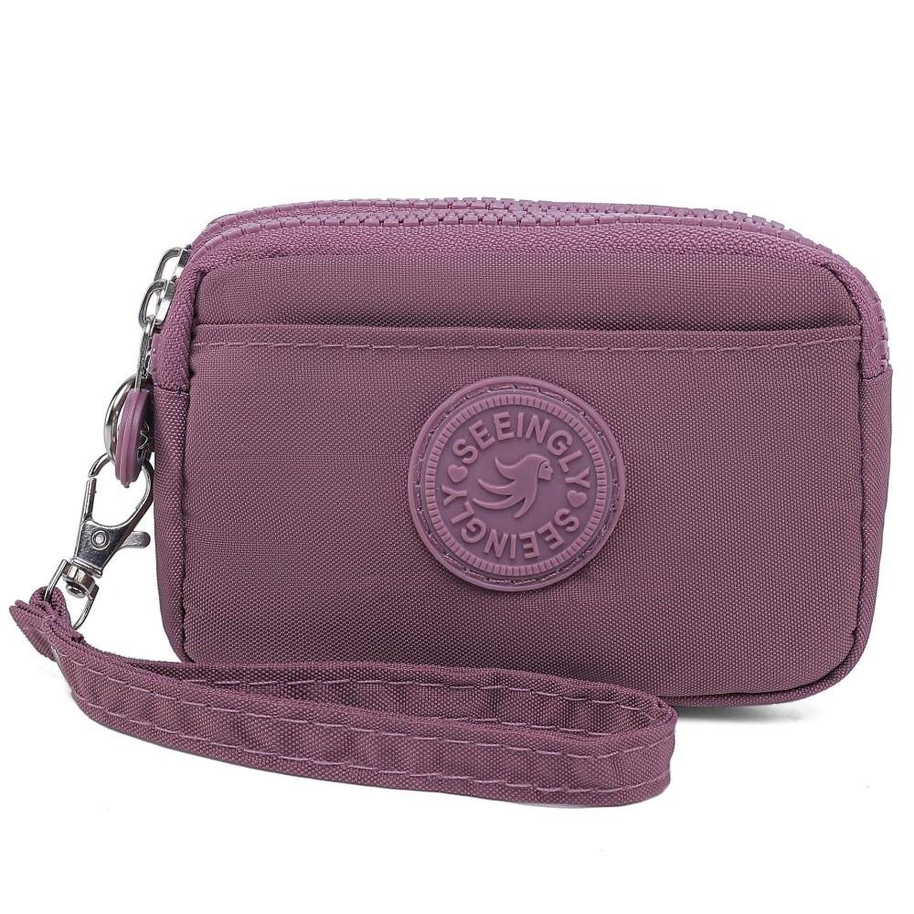 Portable Solid Color Women Wallet with Lanyard Waterproof Credit Card Holder Double Layer Nylon Zipper Clutch Ladies
