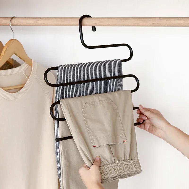 5 Layers S-shaped Pants Hanger Multifunctional Anti-skid Stainless Steel Pants RackWardrobe Storage Scarf Rack lron Pants Rack