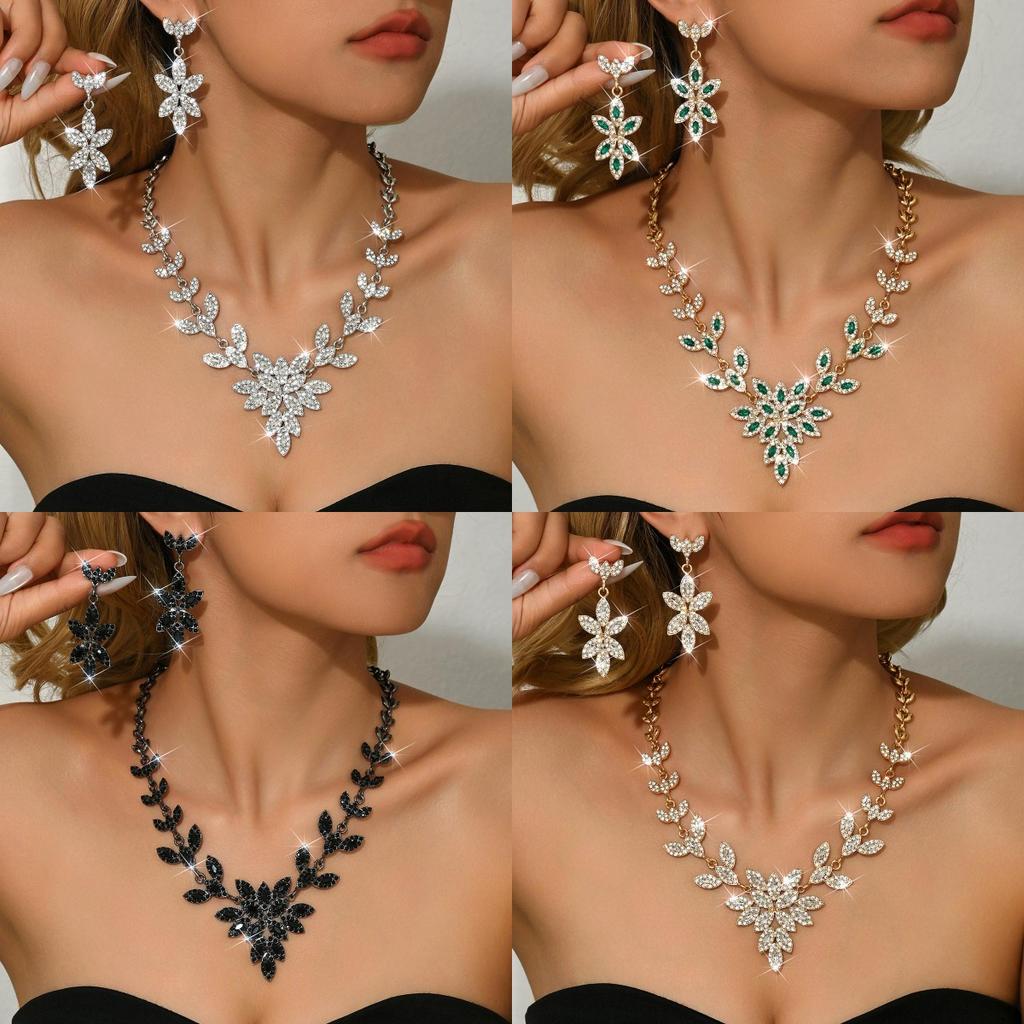 Flexible diamond studded versatile necklace and earring set suitable for photography, dating, and dinner pairing