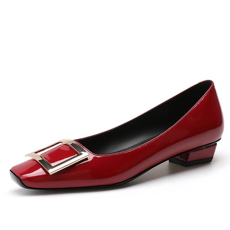 2026 Elephant Grey Patent Leather Chunky Heel Buckle Shoes - 2.5CM Square Toe, Low Cut Women's Heels