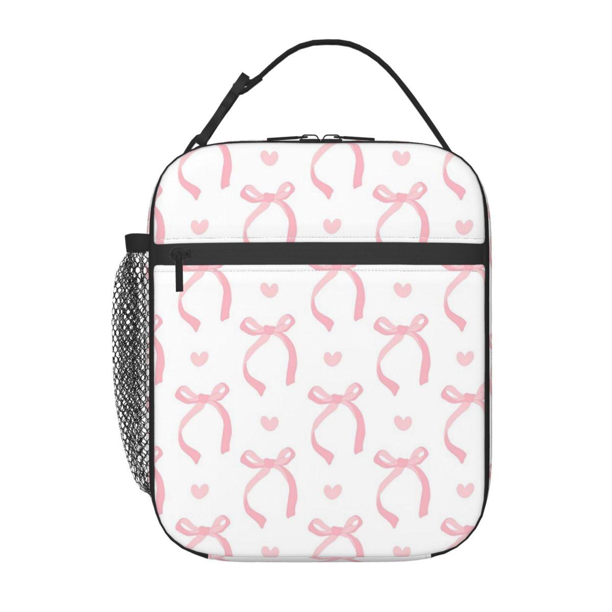 

Pink Bow Pattern Insulated Lunch Bag for Women Children Portable Food Boxes Thermal Lunch Box Tote One Size