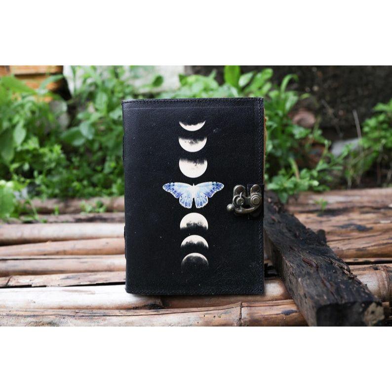 Sun & Moon Handmade Vintage Leather Journal Deckle Edge Paper, Blank Spell Book of Shadows Grimoire Journal, Gift for Him Traveling Book