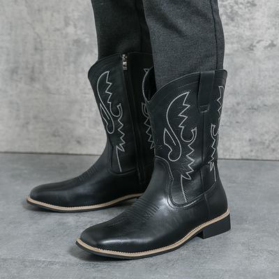 Herren Bestickte Western Cowboy Stiefel Lässig Hoch Schwarz Retro Kleid Leder Mid-calf Braun Stiefel Übergröße