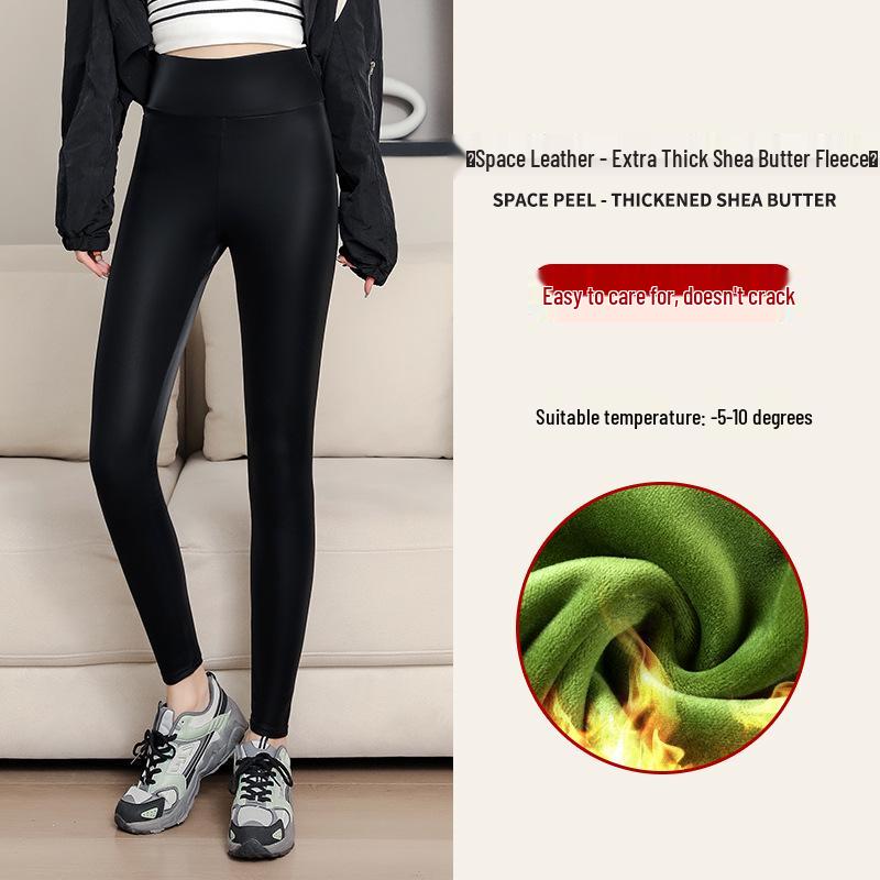 Women's Winter PU Leather High-Waist Thick Velvet Leggings - Plus Size, Slimming, Warm