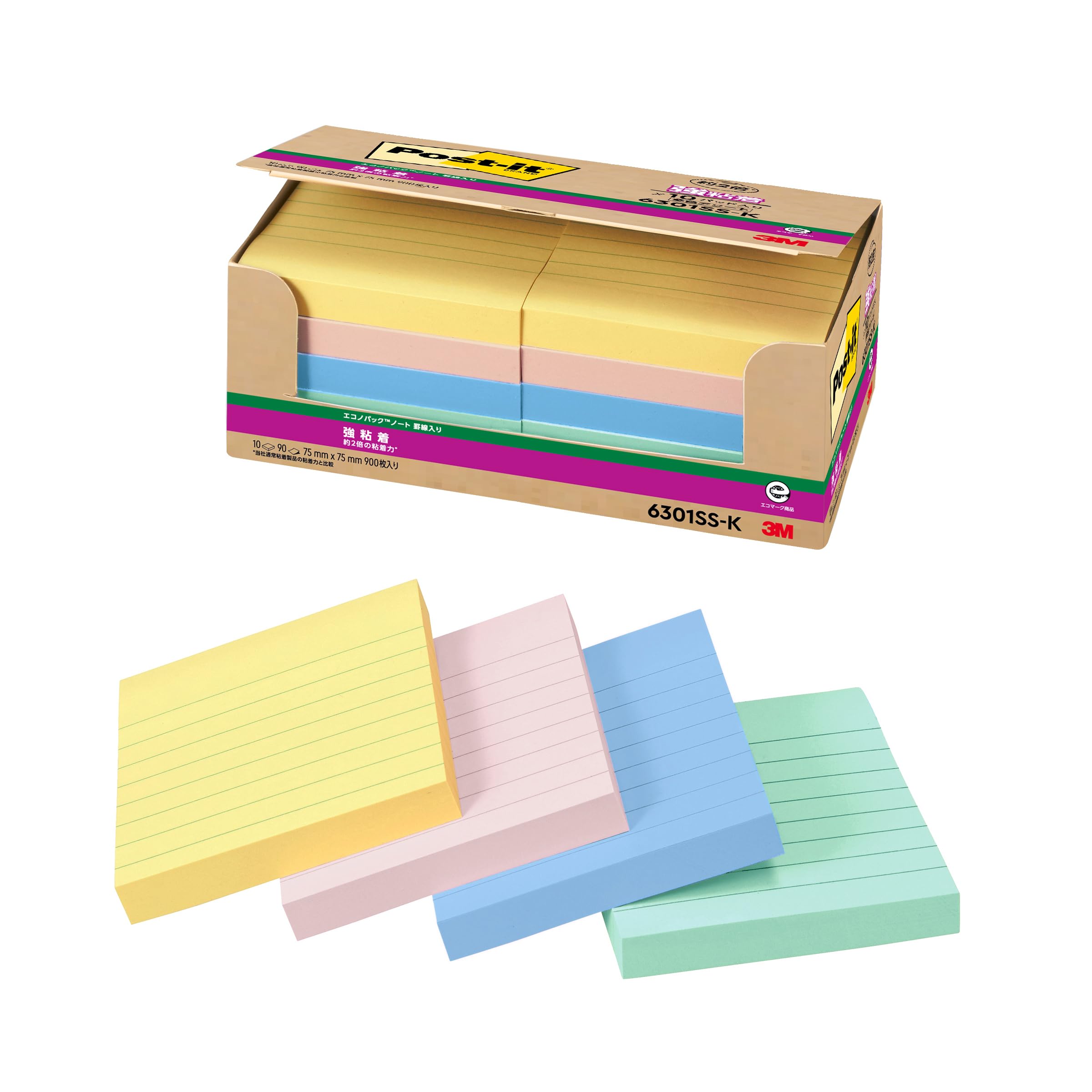 

3M Super Pastel 75 x 75 90 sheets x 10 Eco Mark certified Green Purchasing Law Post-it Notes, Sticky, Large, Ruled, Colors, mm, pads, 6301SS-K,