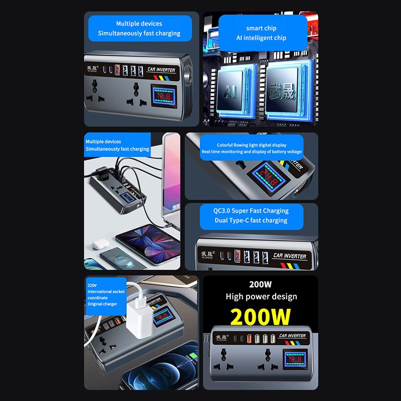 Car Inverter Power Adapter 12V/24V To Dc220V 200W Converter Multi Charger Socket Qc3.0 Usb Pd Type-C Fast Charging Car Inverter