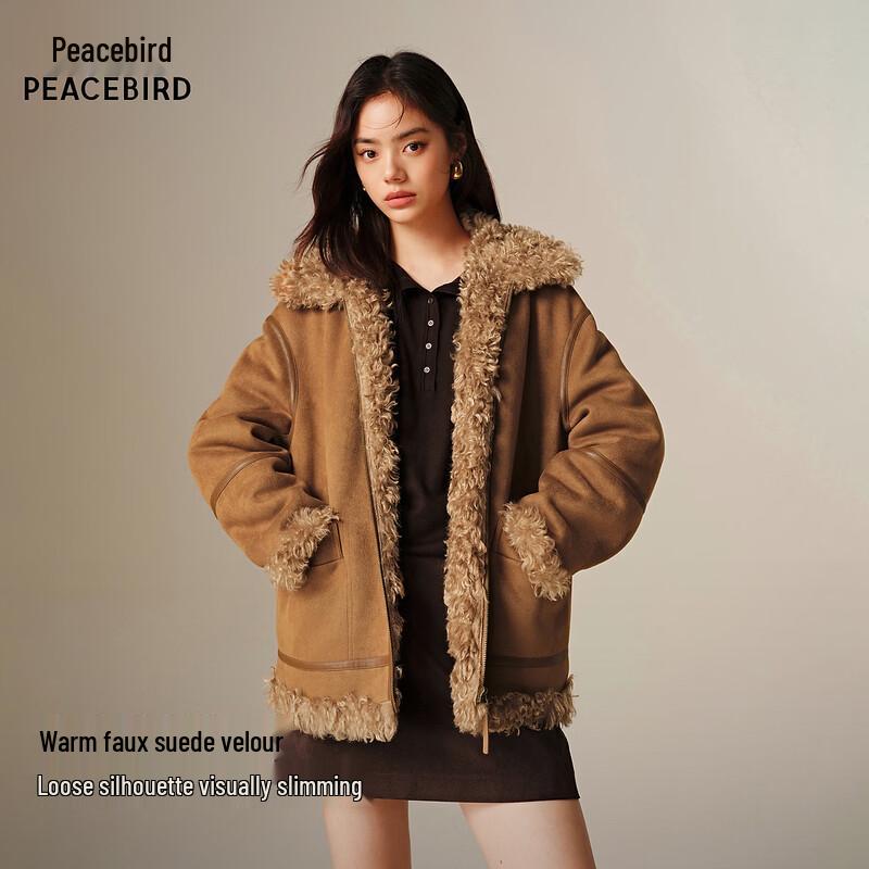 Peacebird Women s Faux Fur PU Patchwork Biker Jacket L коричневый