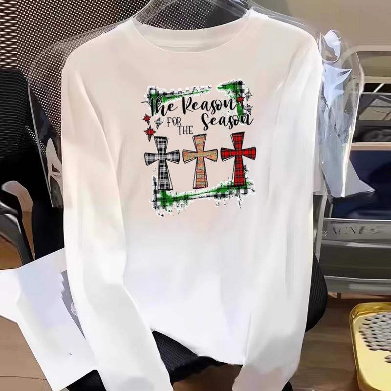 (Asian Size) Graphic Tee Women Merry Christmas Letter 90s New Year Print Casual Fashion Top O-neck Clothing T Shirt Long Sleeve T-shirts