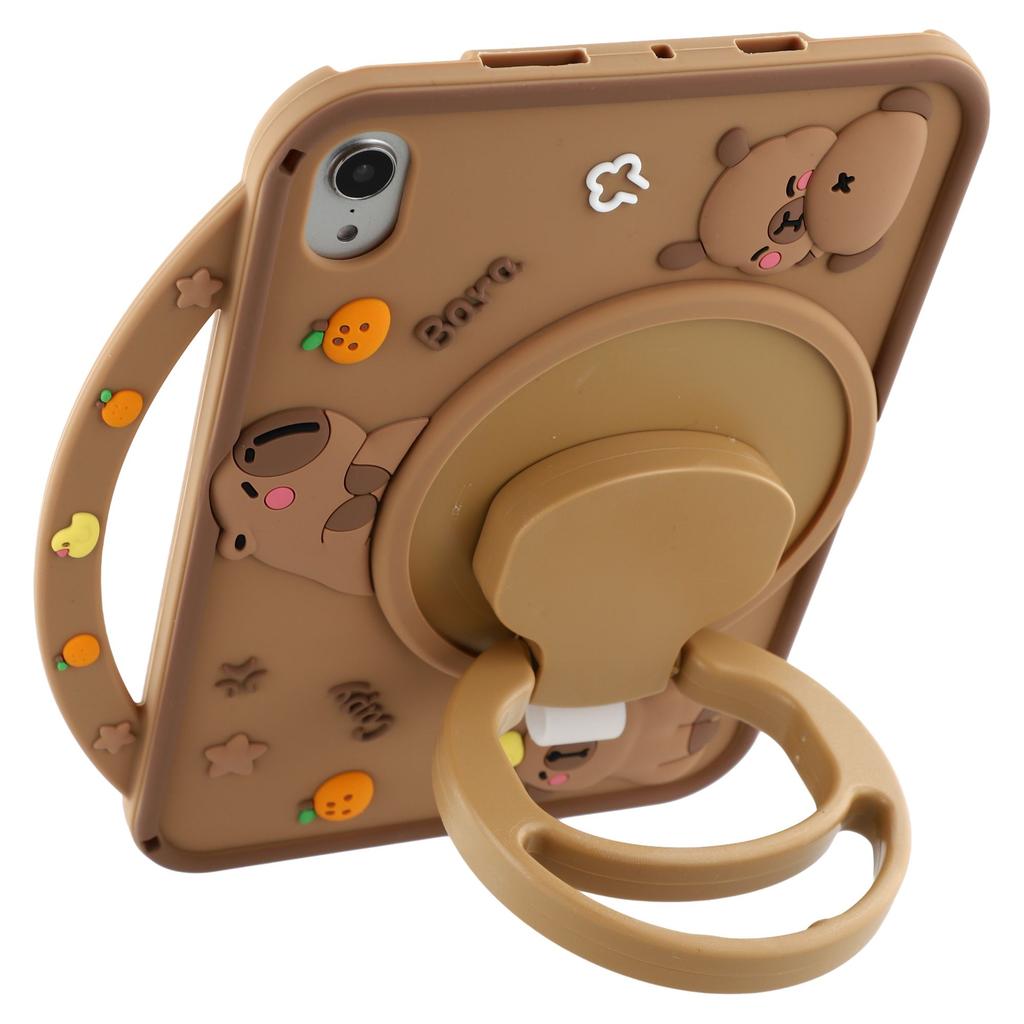 For iPad Mini (2024)/(2021) Silicone Case with Handle 360 Degree Rotating Kickstand Protective Cover Capybara Pattern