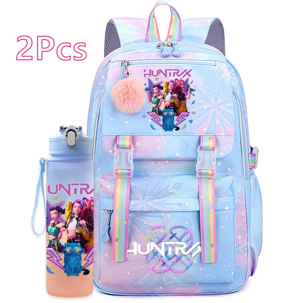 

2 шт./набор Милый аниме K-pop рюкзак с принтом с бутылкой для воды 750 мл Дорожная сумка большой вместимости для девочки-подростка, мальчика, школьный рюкзак, детский подарок, Mochila