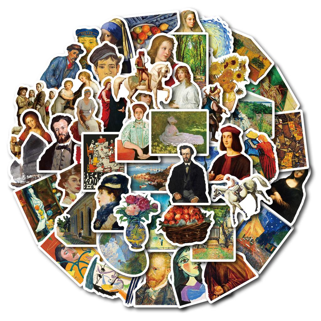 50 Oil Paintings Art Graffiti Stickers Various Famous Paintings Stickers Diy Water Cup Mobile Phone Case Skateboard