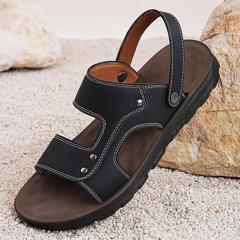 Men White Flats Sandals Summer Brown Wide Head Roman Sandals Retro Black Leather Beach Shoes Plus Size