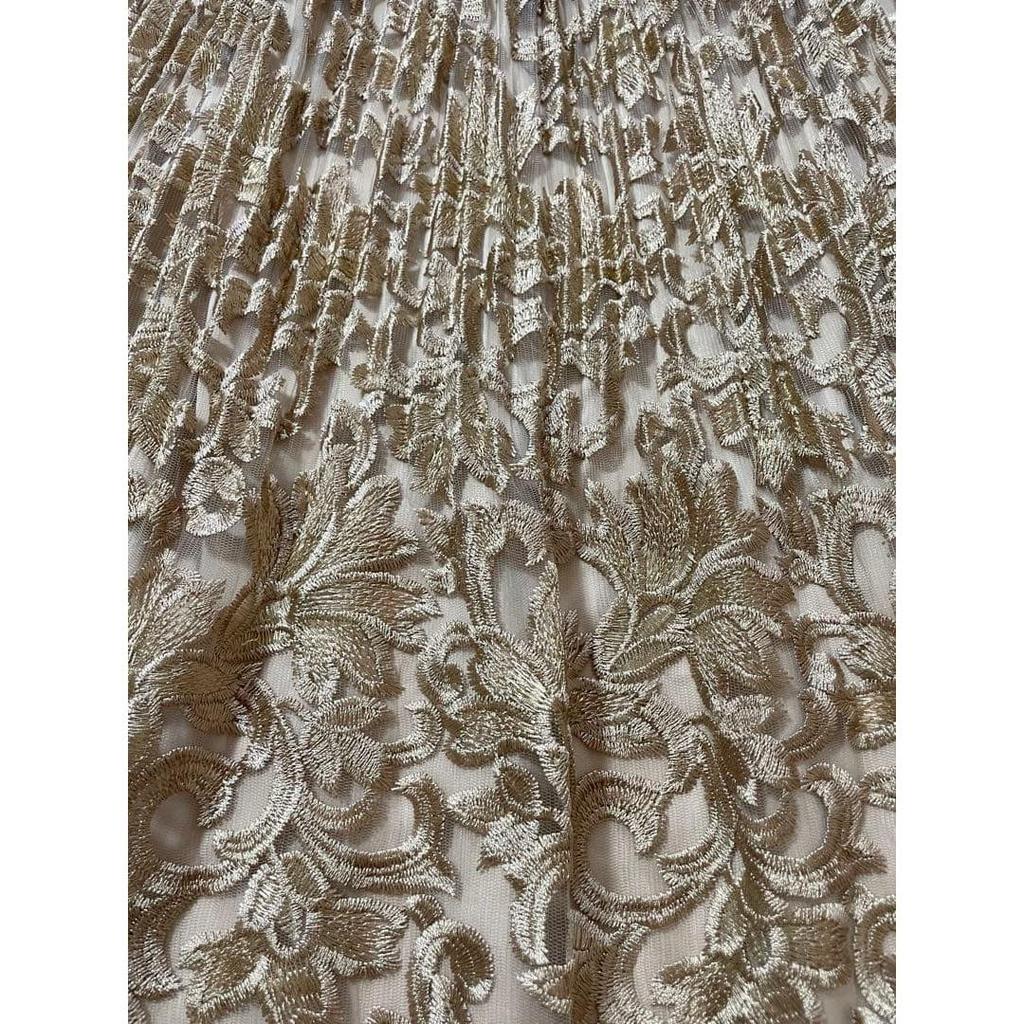 Lily Brown Champagne Gold Lace Embroidery Pleated Skirt