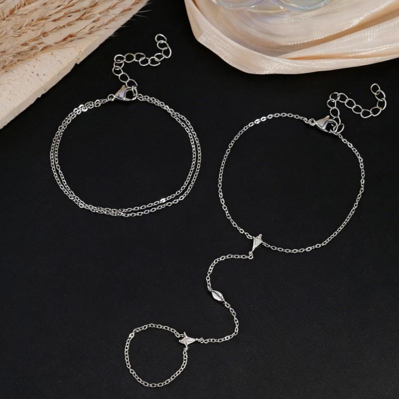 2pcs Elegant Sparkling Cubic Zirconia Multi-Layer Stacked Finger Ring Bracelet Set for Women Niche Trendy Bracelet Jewelry Gifts
