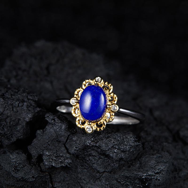

Color Treasure Ring S925 Sterling Silver Inlaid With Natural Topaz Lapis Lazuli Flower Ring Women S Fashion Versatile Open Ring adjustable opening