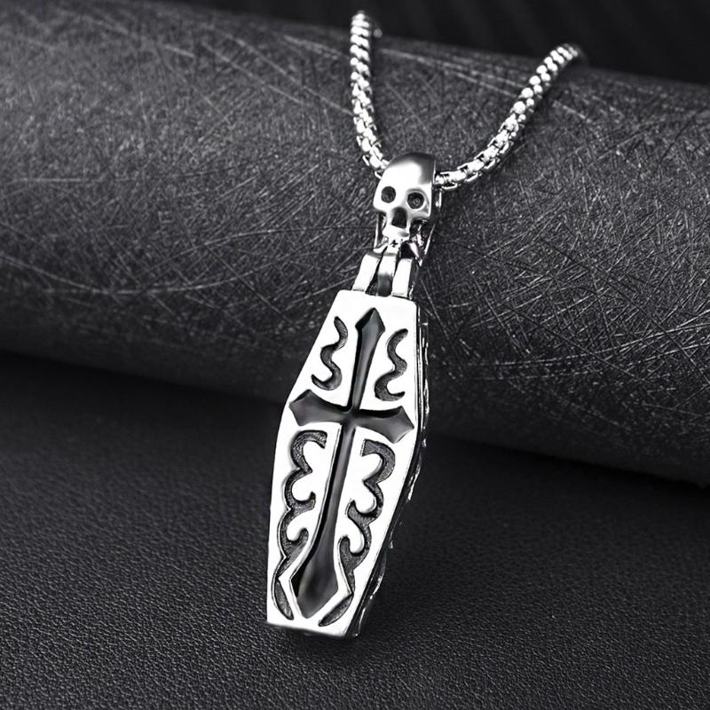 Gothic for Cross Necklace Stainless Steel for Vampire Coffin Pendant Women Men Skull Necklaces Skeleton Jewelry Hallowee