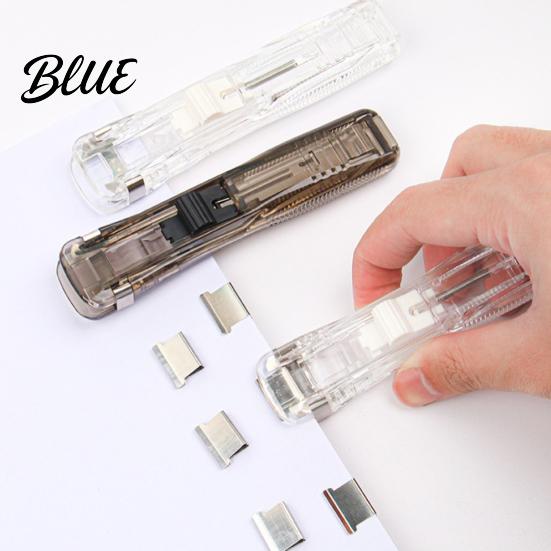 Reusable Binder Clips Paper Clip Stapler Portable Dispenser No Hole Punching Pusher with 50 Refillable Transparent Metal Office School Supplies Home