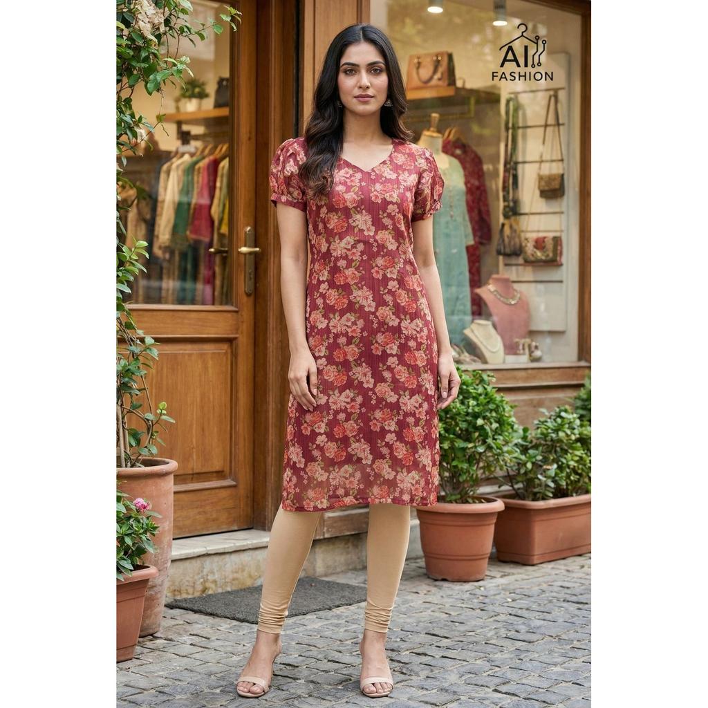 Floral Printed Simmer Silk Kurta Indian Women Daily Wear Top Tunic Kurti Dress