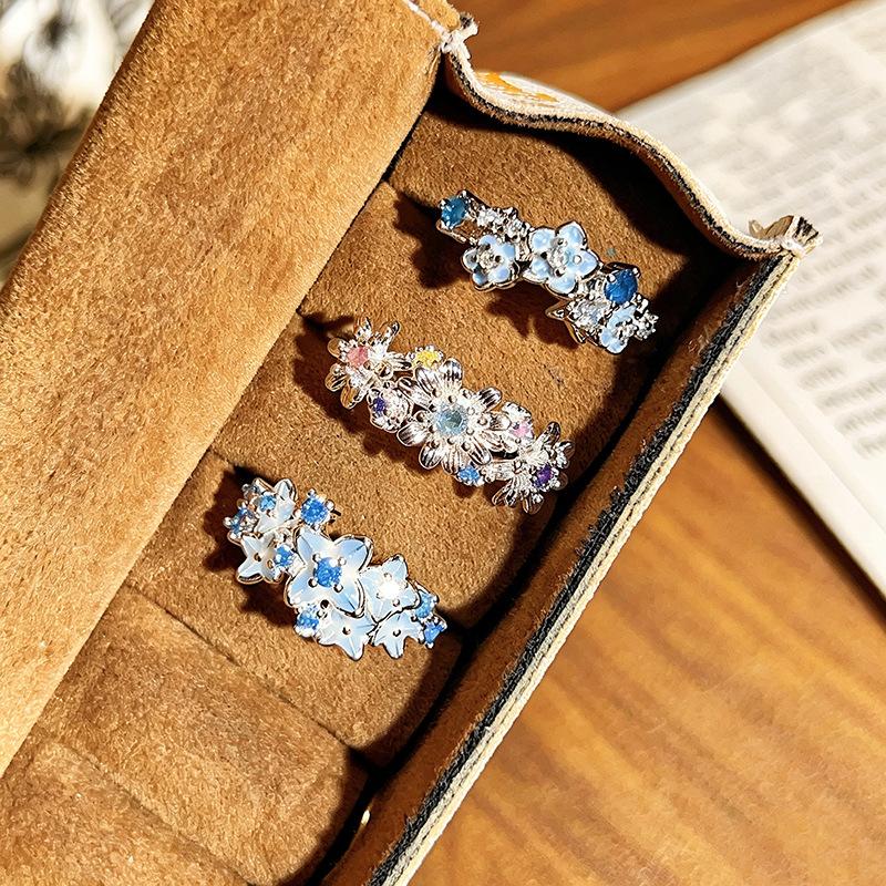Small Fresh Mori Ice‑Blue Star‑Motif Flower Zircon Open Ring Exquisite Niche High‑Sense Personality Adjustable Stack‑Wear Trend Jewelry