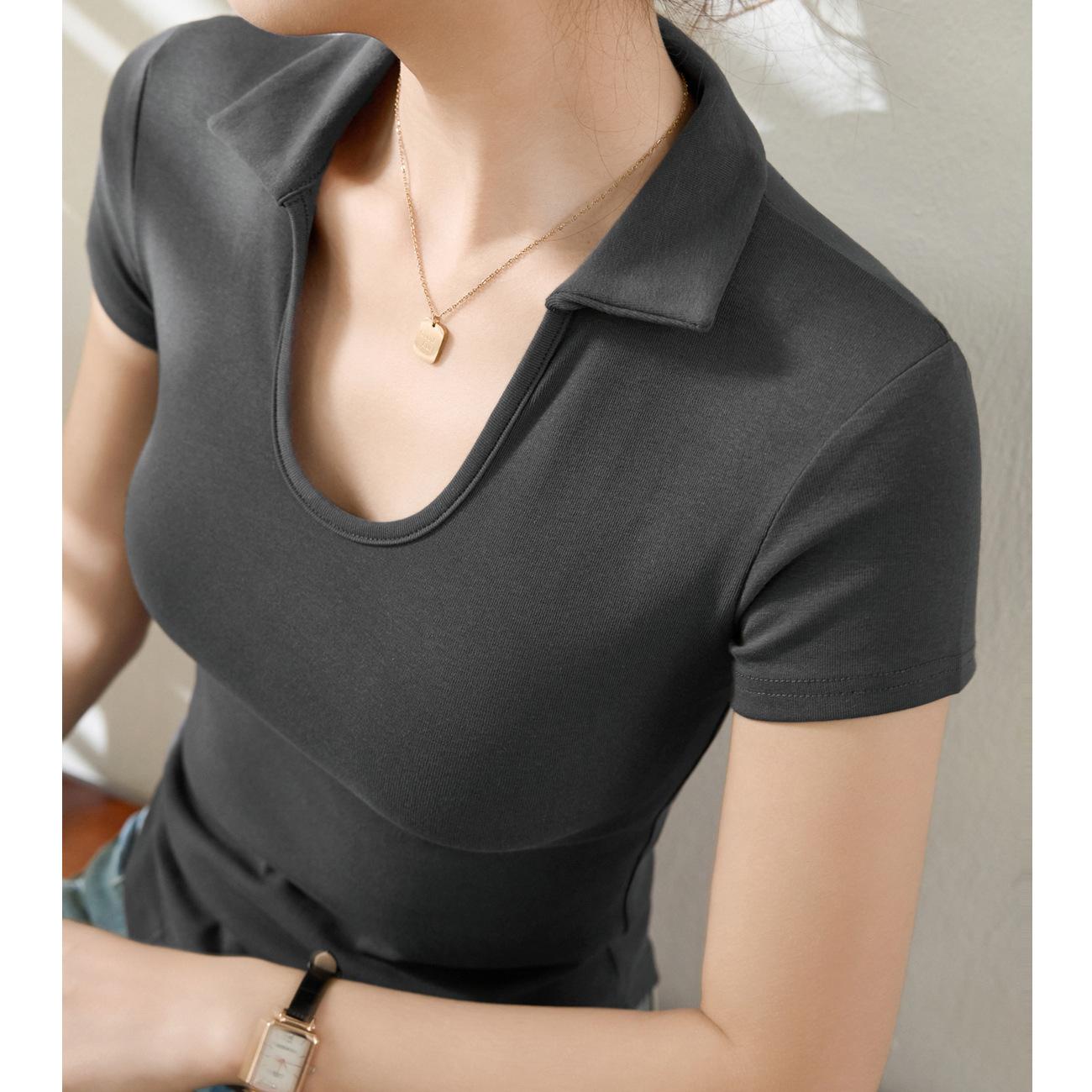 

Футболка с воротником-поло U-образной формы из хлопка, женская, с коротким рукавом, летняя, новая, соблазнительная, базовая рубашка XL