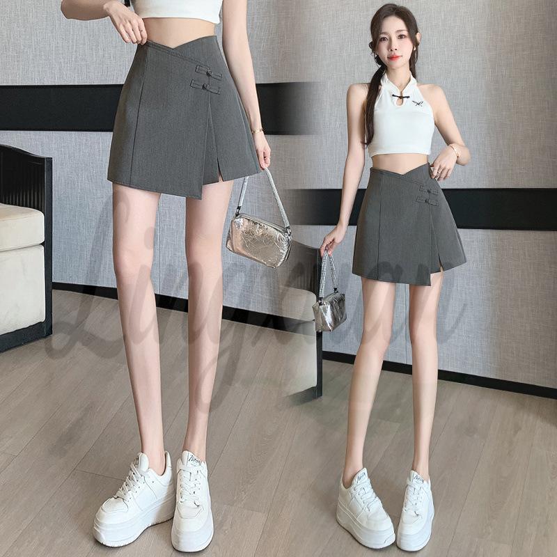 

2026 Spring/Summer Women s A-line Skirt Pants with Irregular Slit and Frog Button in New Chinese National Style S серый
